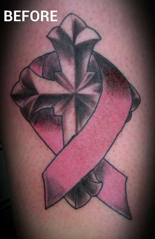 Cross And Ribbon Cancer Tattoo On Girl Side Rib