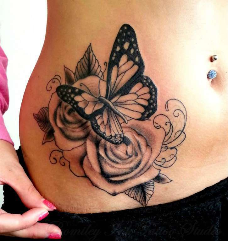ronmileyink:by-jack-black-and-grey-roses-side-piece-flowers-butterfly