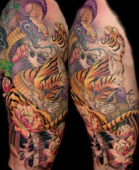 Tiger and Snake Duel Traditional Tattoo