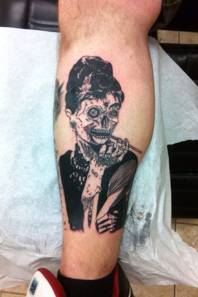 Huge horror and Audrey Hepburn fan I thought Id share my recent tattoo I  got of her with a spooky spin to it Loved how it came out  r audreyhepburn