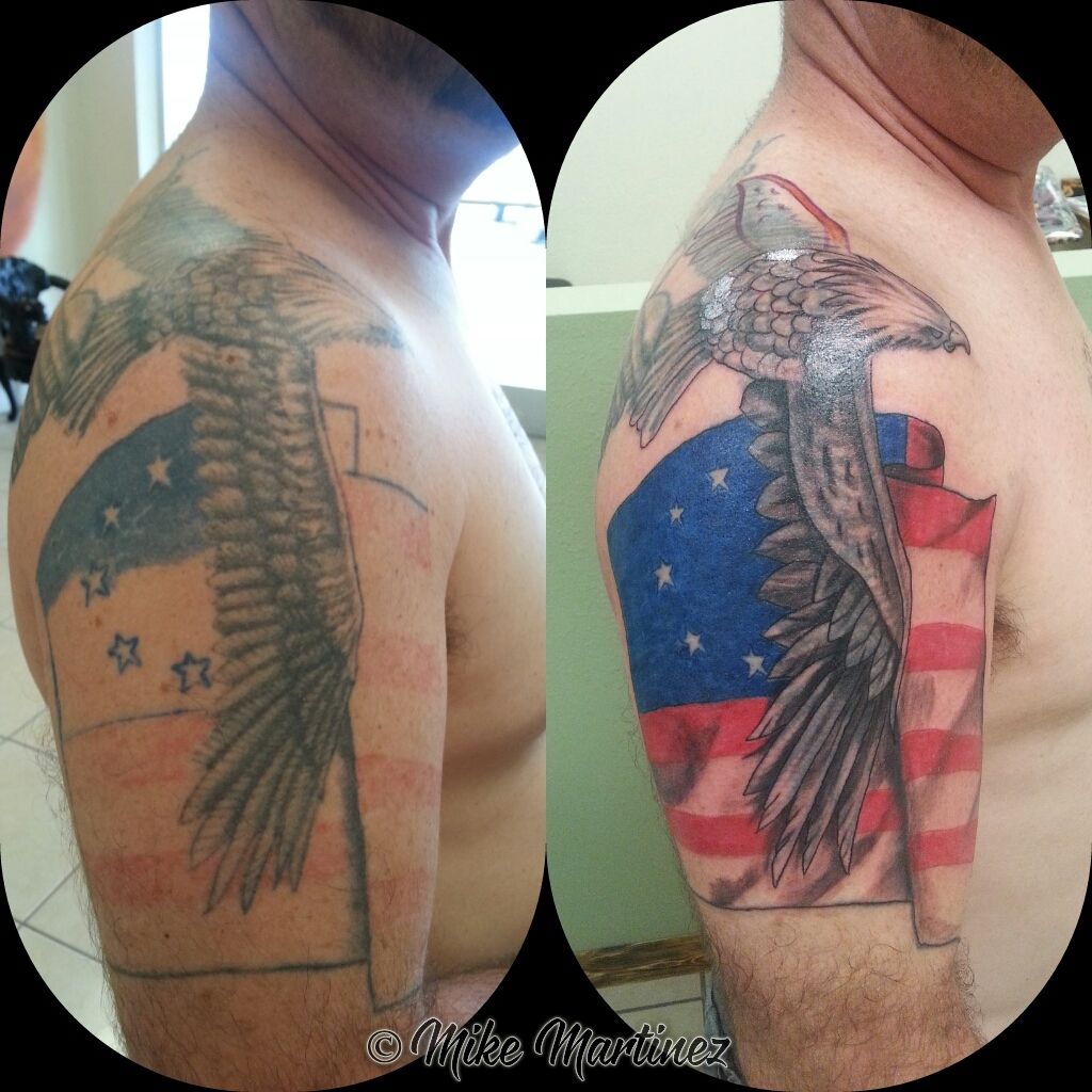mikemartineztattoo:cover-up-tattoo-repair-eagle-flag-usa-patriotic-color