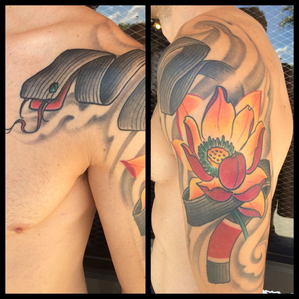 34 Japanesebjj themed sleeve Done by myself My client is a jiujitsu black  belt and head instructor of his Academy  rtattoo