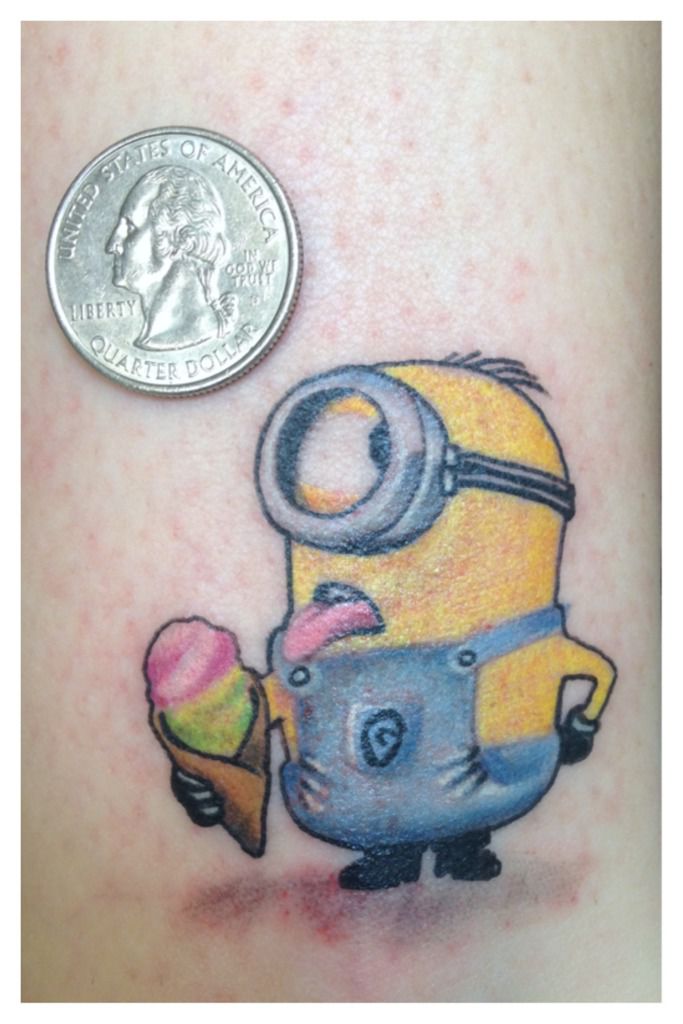 tattoo of army of cute minions on female lower back, | Stable Diffusion