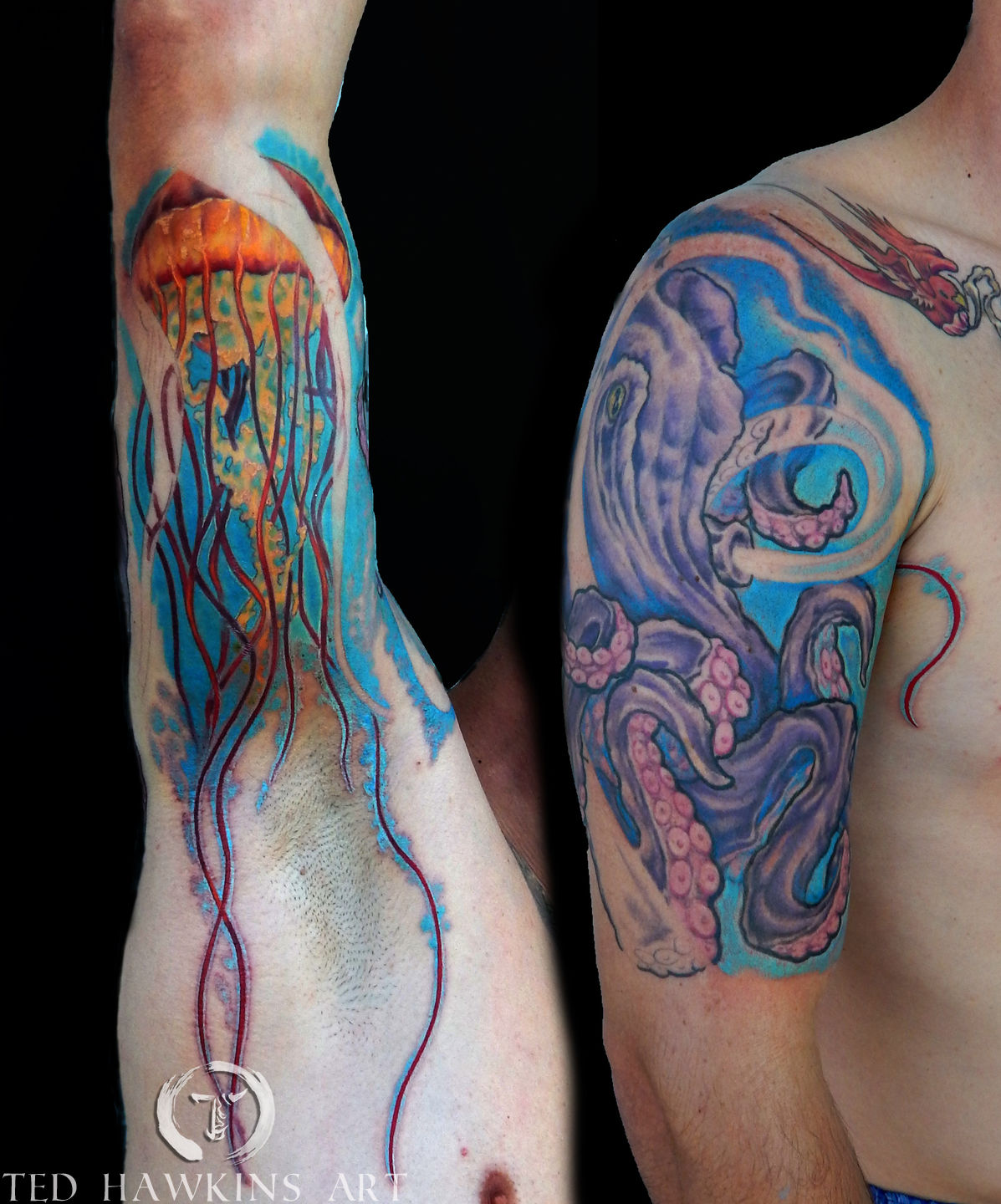 Tattoo uploaded by Tyler ATD • Healed underwater leg sleeve. Black and grey  realistic. • Tattoodo