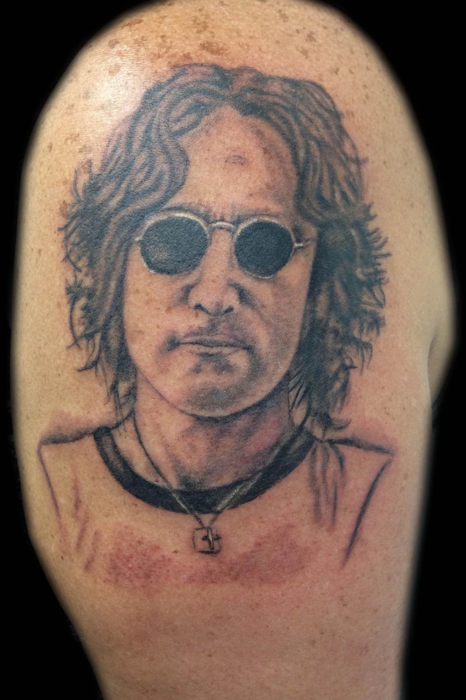 Arm Portrait Realistic John Lennon Tattoo by Border Line Tattoos
