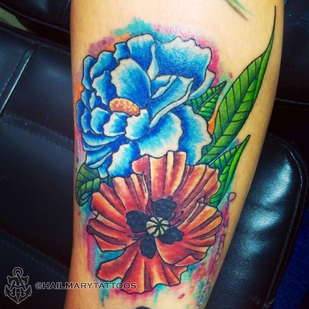 hailmarytattoos:watercolor-peony-and-poppy-flowers-peony-tattoo-poppy-tattoo