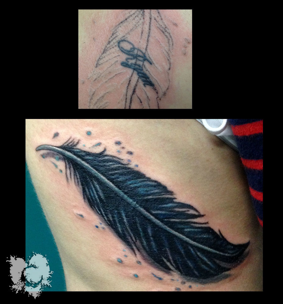 I want to keep the feather but cover up the script but cant come up with  an idea that would work with the feather Help  rFixedTattoos