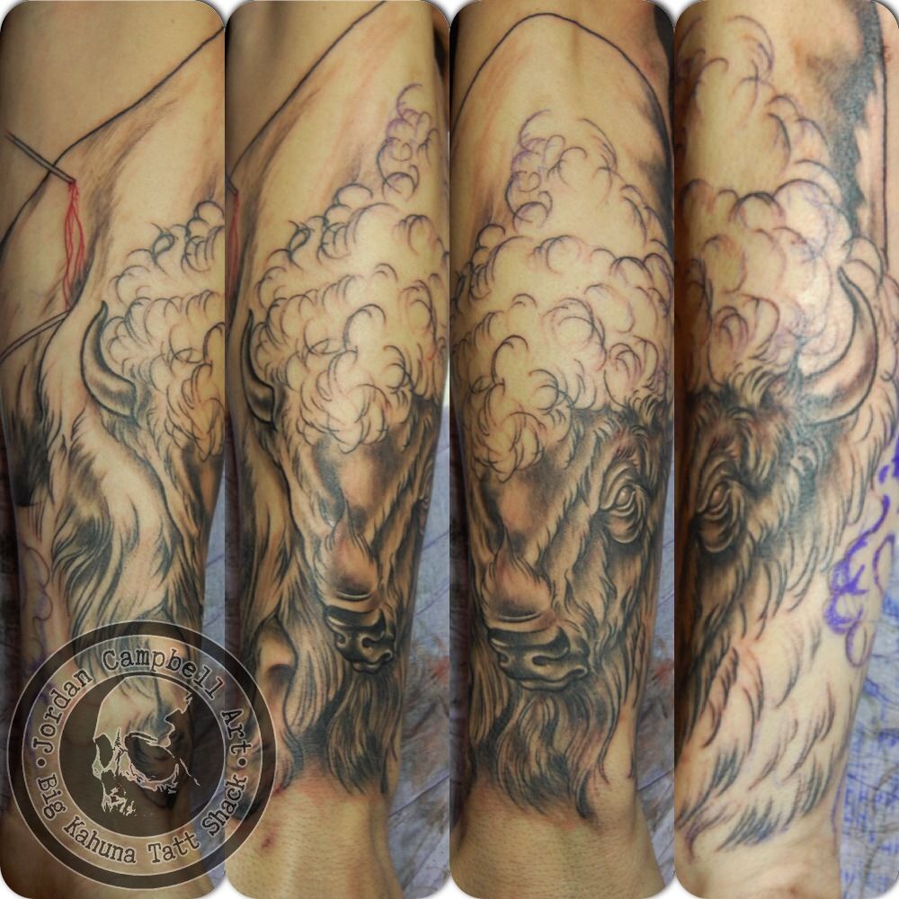 jordancampbellart:bison-in-progress-in-progress-bison -buffalo-sleeve-arm-forearm-outline-shading-tattoo