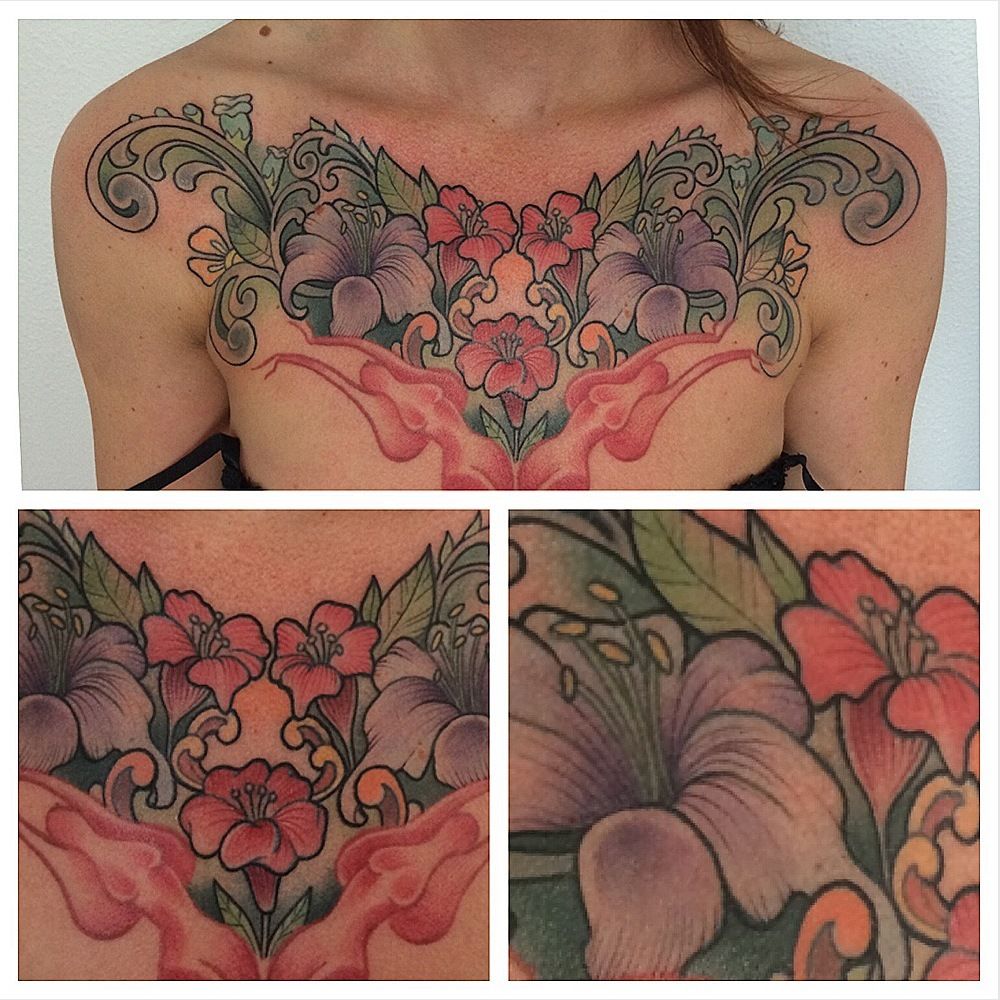 Flower chestpiece done in 2 sessions... Lines healed... First tattoo! :  r/TattooDesigns