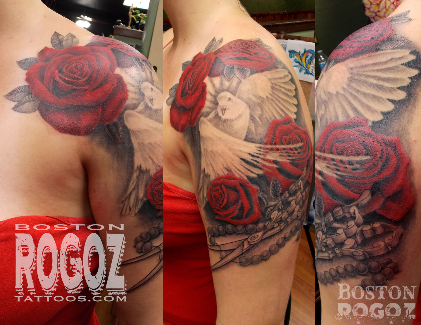 Bostonrogoz Dove And Roses With Pearls And Hairdresser Shears