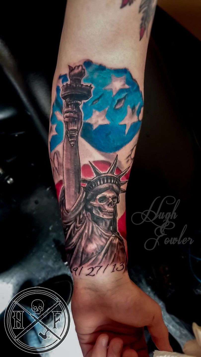 Realistic color skull wth american flag tattoo Brent Olson Art Junkies  Tattoo by Brent Olson TattooNOW