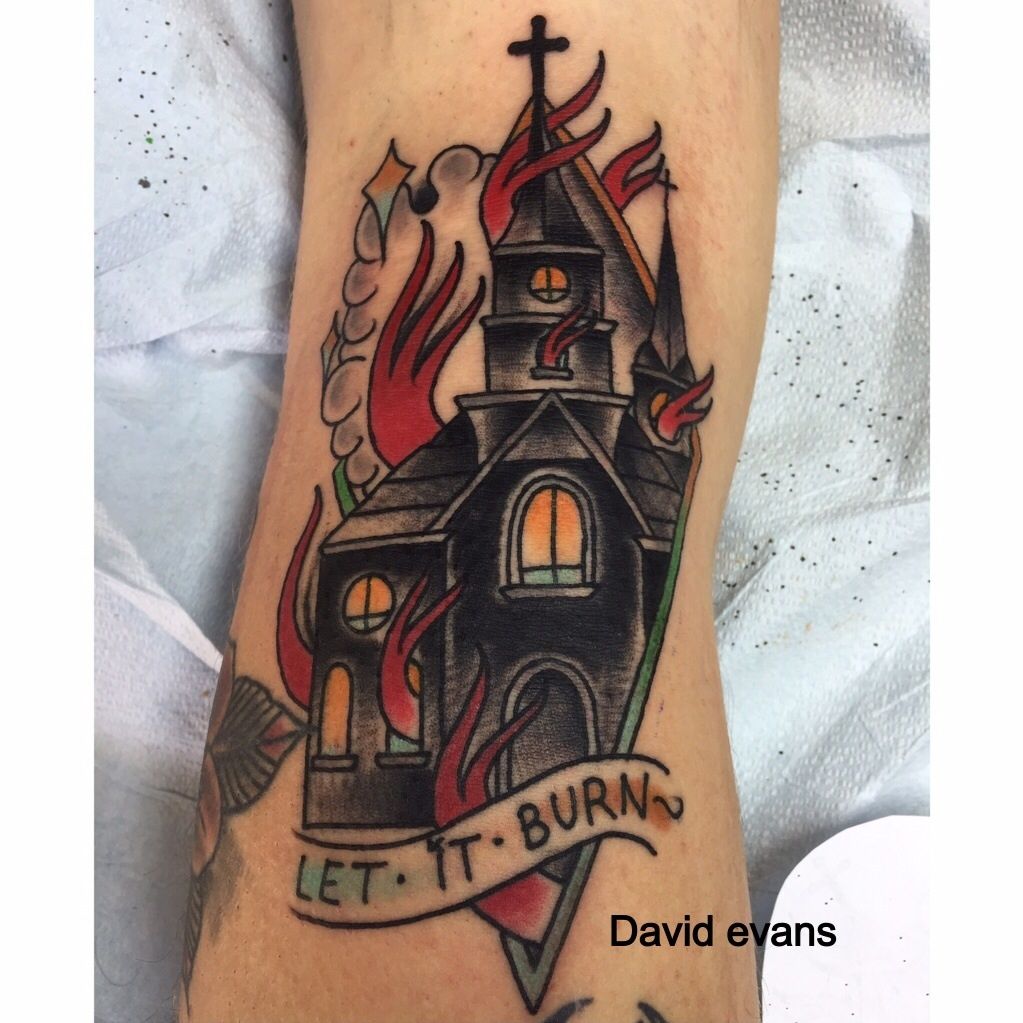 Burning church finally done. Done by Rooster at Hidden Tattoo Lancaster, Ca  : r/tattoos