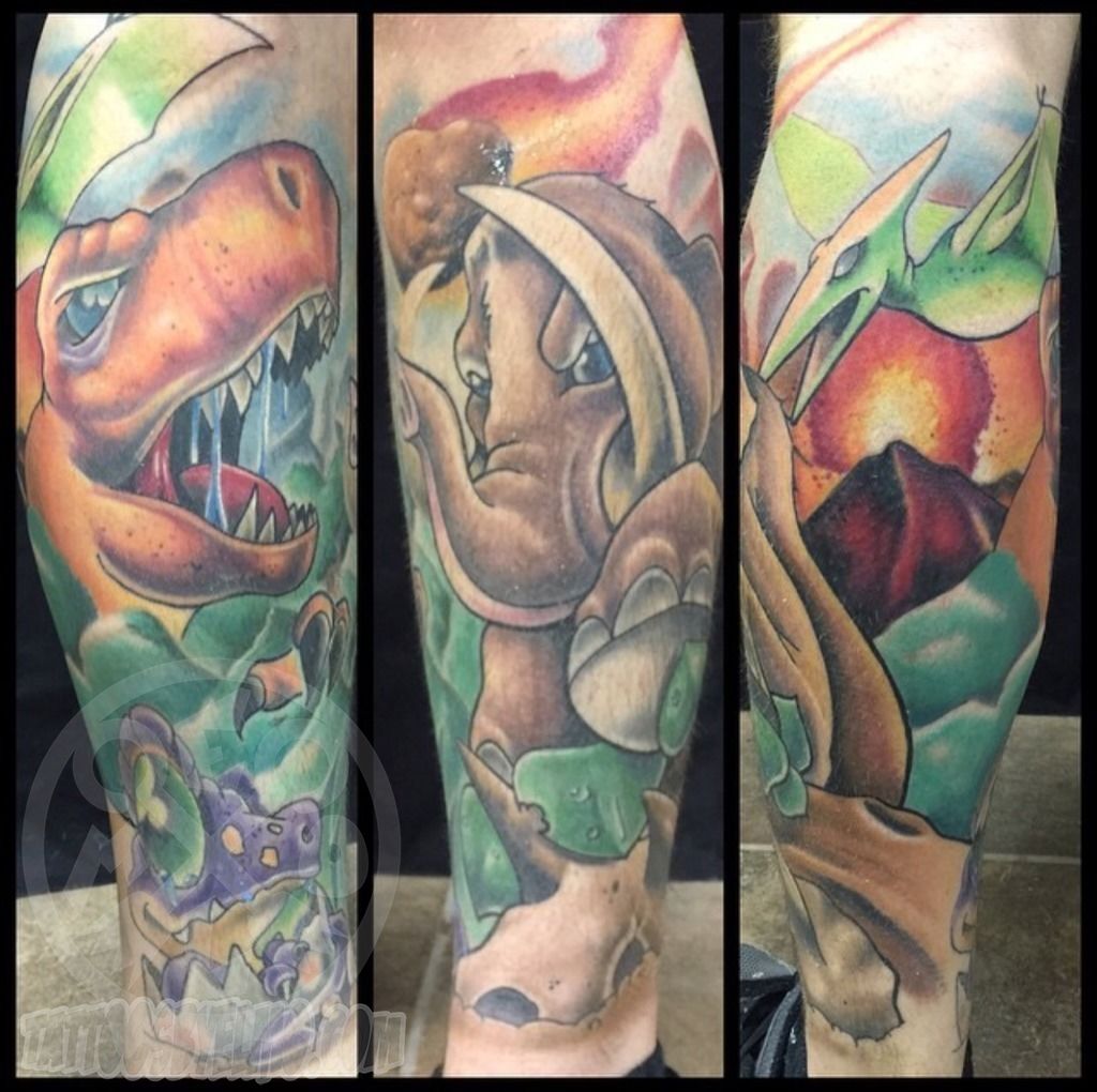 Dinosaur Side Leg Sleeve Tattoo by Steve Moore TattooNOW