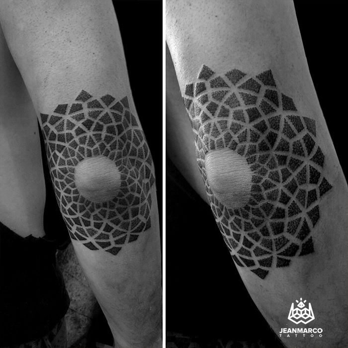 Geometric elbow piece  Mandala tattoo design Monkey tattoos Arrow tattoos