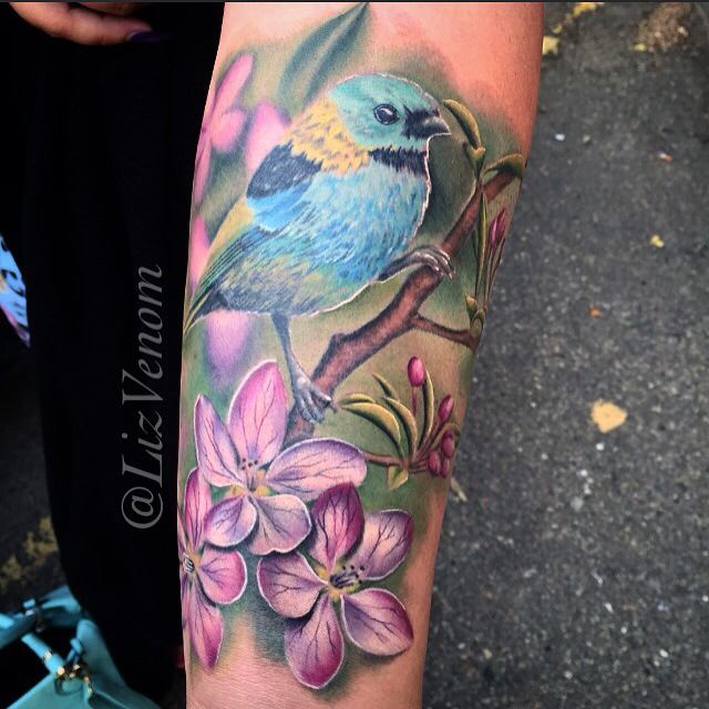 lizvenom:bird-and-apple-blossom-flower-tattoo -by-liz-venom-flower-flowers-blossom-appleblossom-apple-bird-finch-color-colour-amazing-realism-girly-feminine- beautiful-ink-art-artist