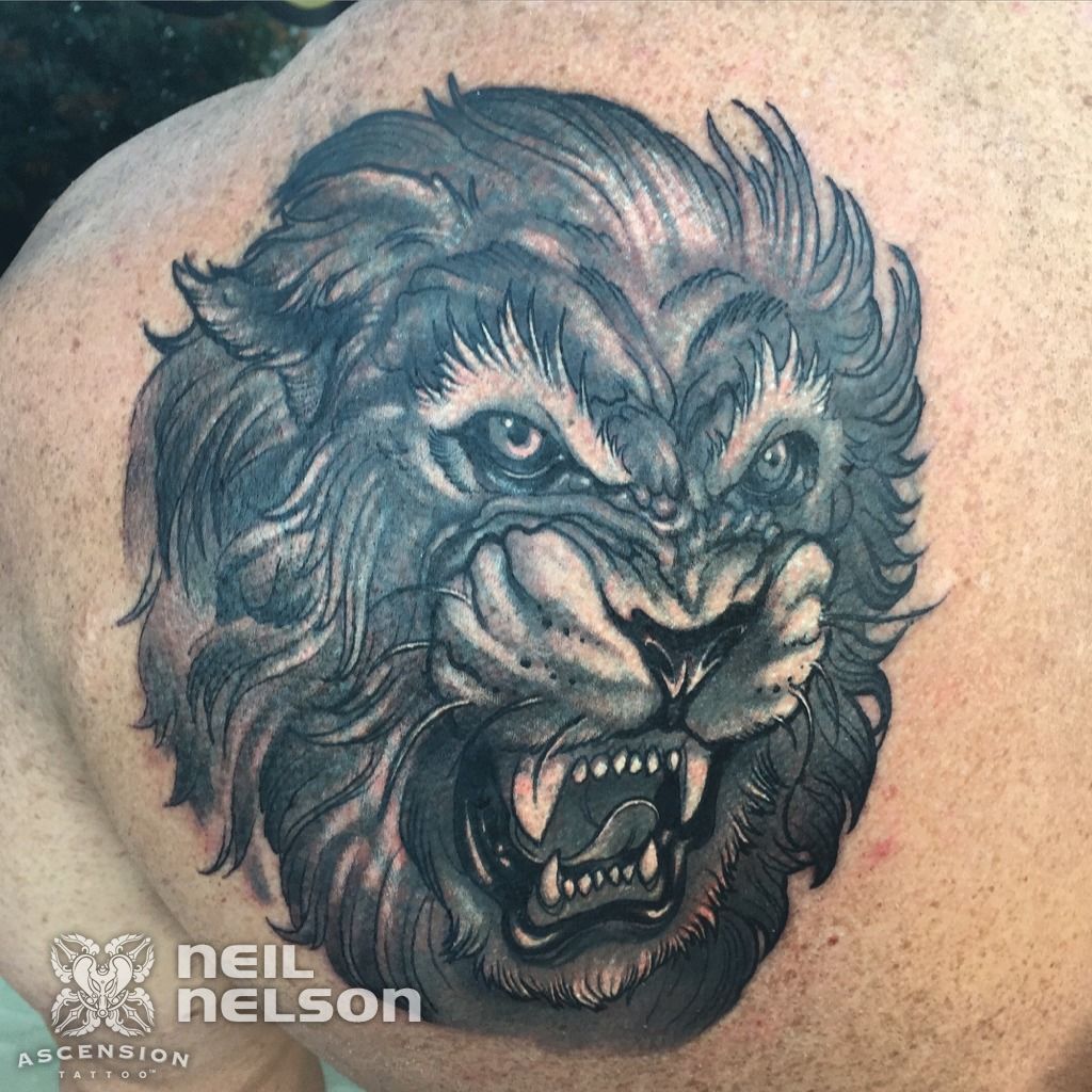 neilnelson:black-and-grey-lion-tattoo-true-neotraditional-neo-traditional