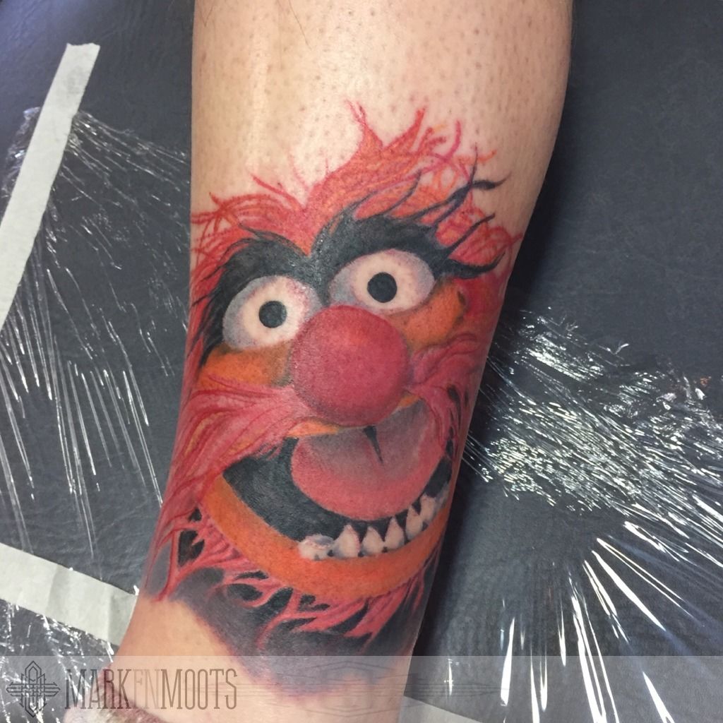 Emily Stewart  Before and after on Animal  part of this ongoing muppet  leg sleeve          tattoo tattooapprentice apprenticetattoo  apprentice realistictattoo realismtattoo colour 