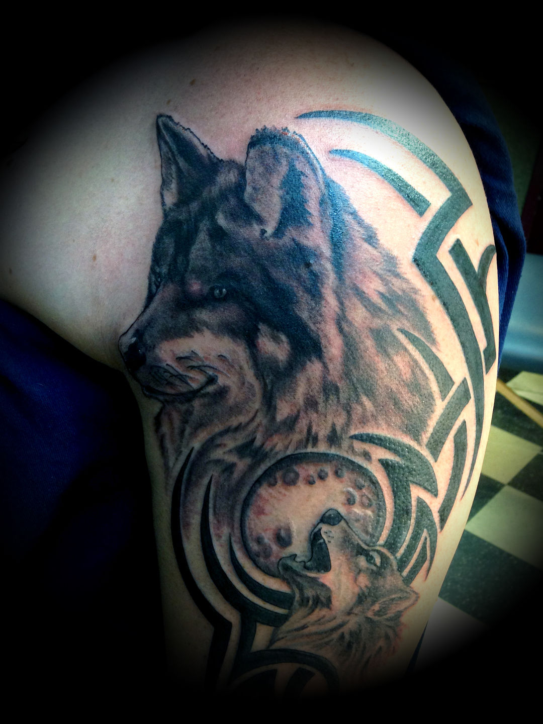 Micro-realistic wolf portrait tattoo on the inner