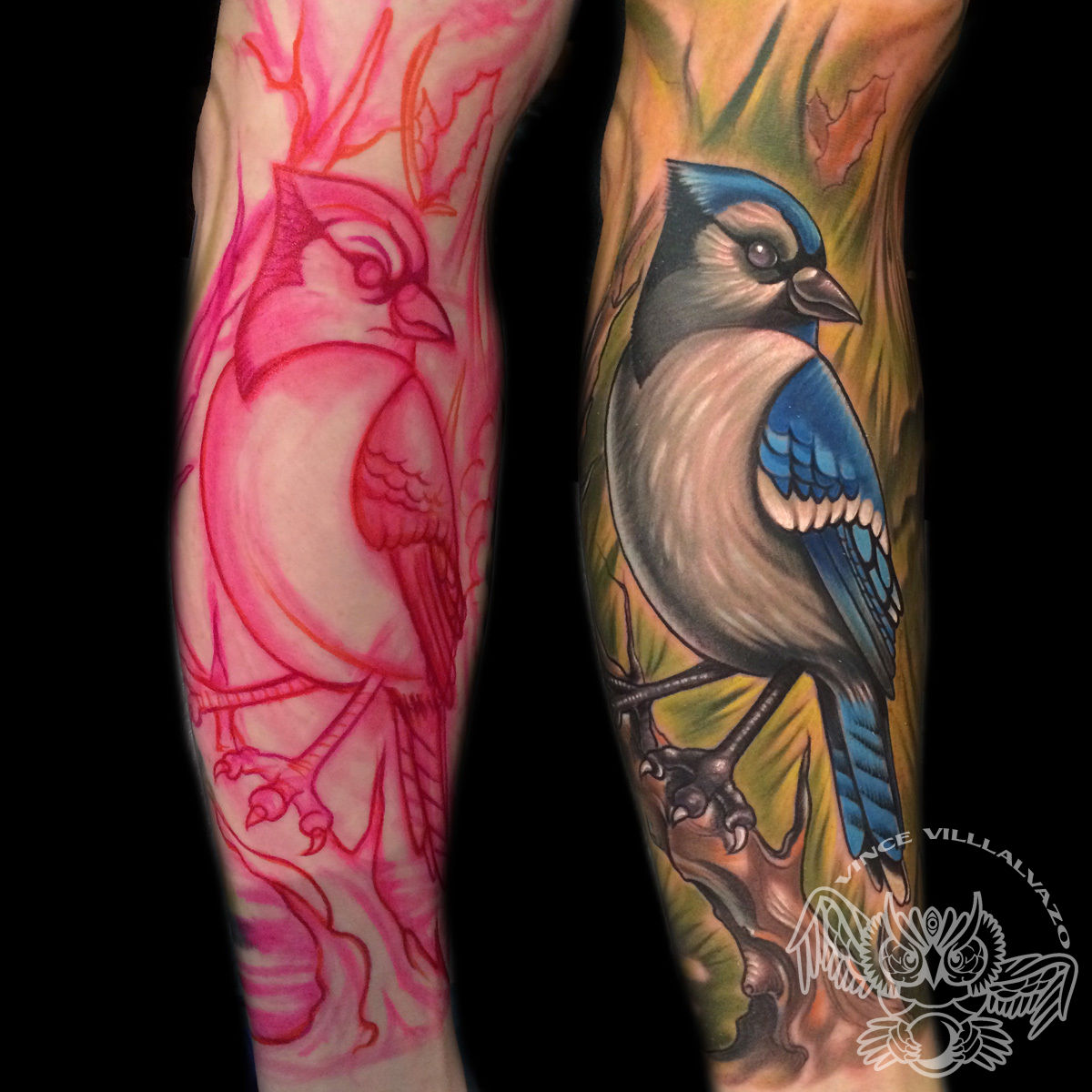Tattoo tagged with: small, white, black, animal, violet, tiny, blue, bird, blue  jay, adrianbascur, pink, little, medium size, illustrative, upper arm |  inked-app.com