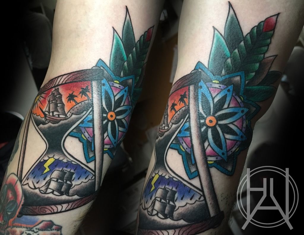 bhalltattoo:color-traditional-nautical-ships-sunset-storm-hourglass-sands-of -time-ship-in-a-bottle