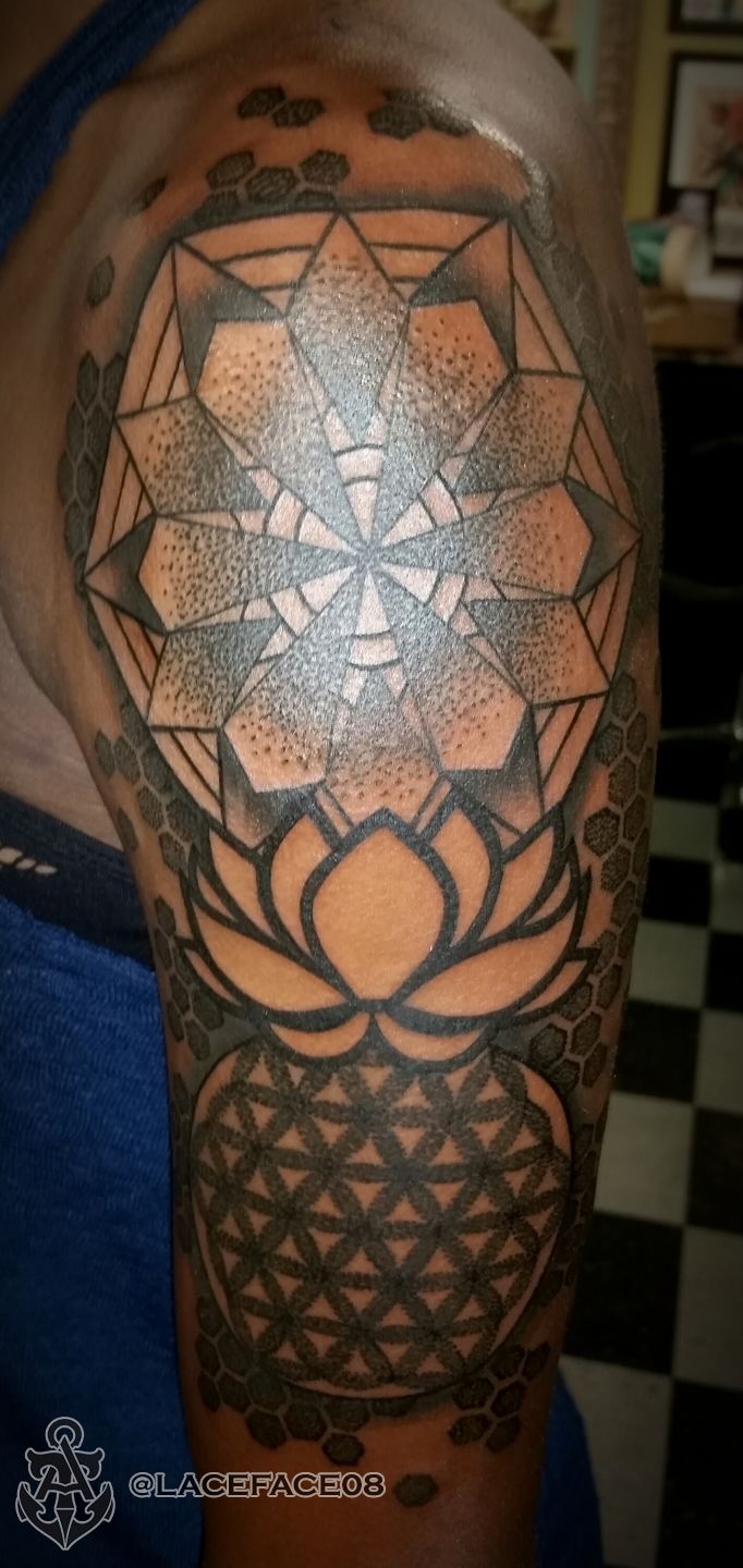 Dotwork Lotus Flower Tattoo On Right Leg