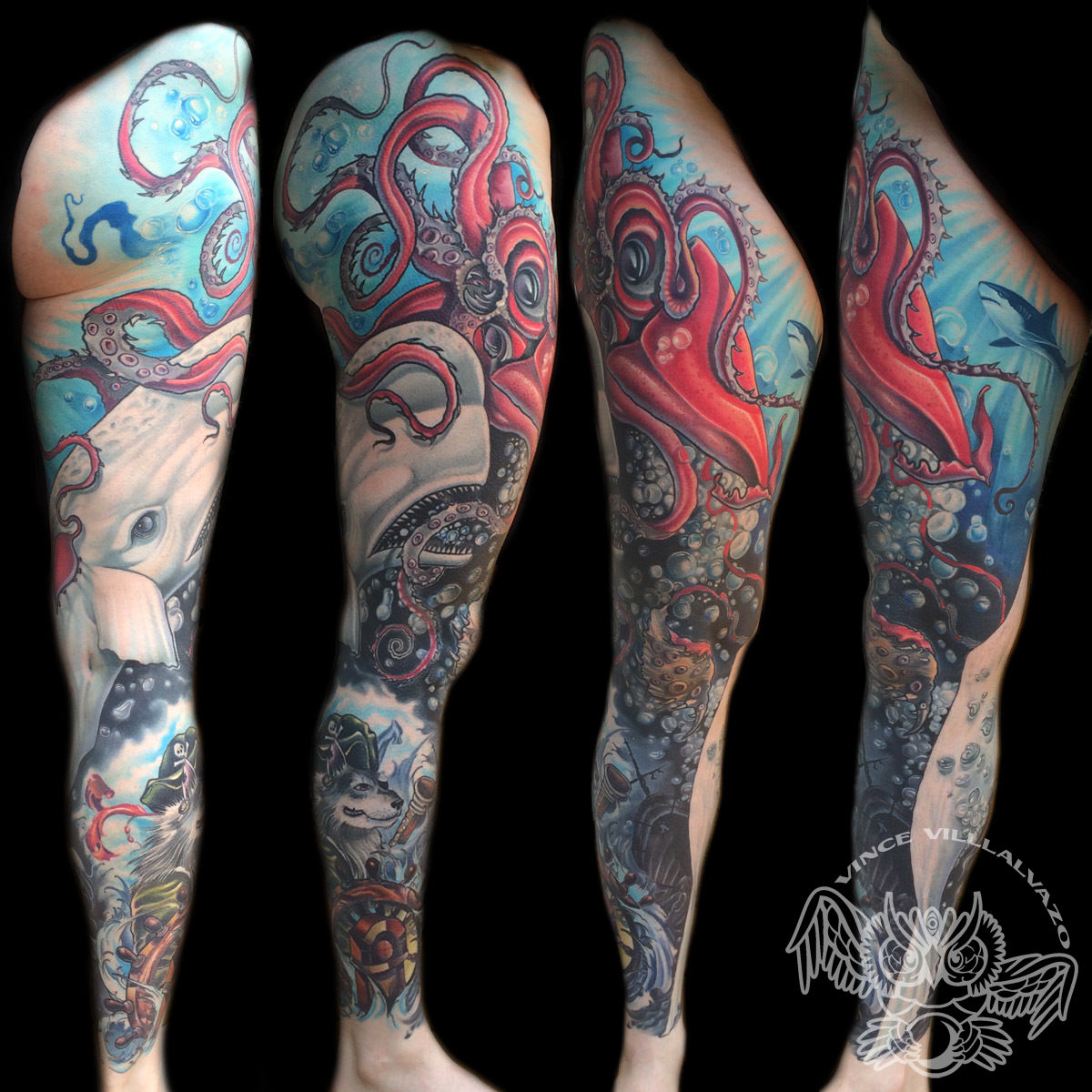 Jeff Norton Tattoos : Tattoos : Body Part Leg : Finished work, squid and  floral leg sleeve