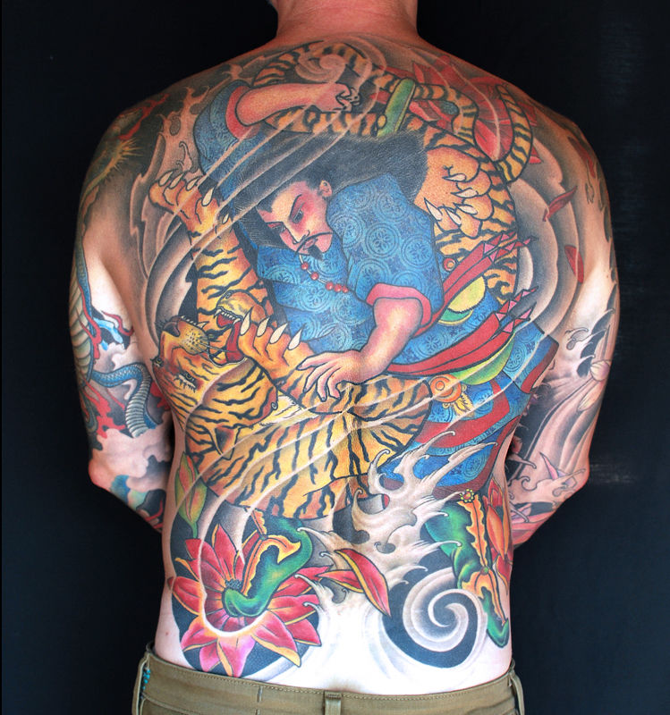 Black And Grey Traditional Samurai Tattoo On Man Full Back