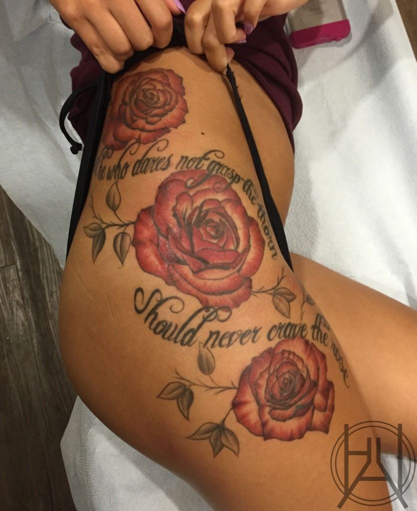 bhalltattoo:roses-lettering-hip-thigh-side-color