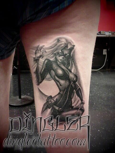 dingler:black-widow-tattoo-black-and-grey-comic-tattoo