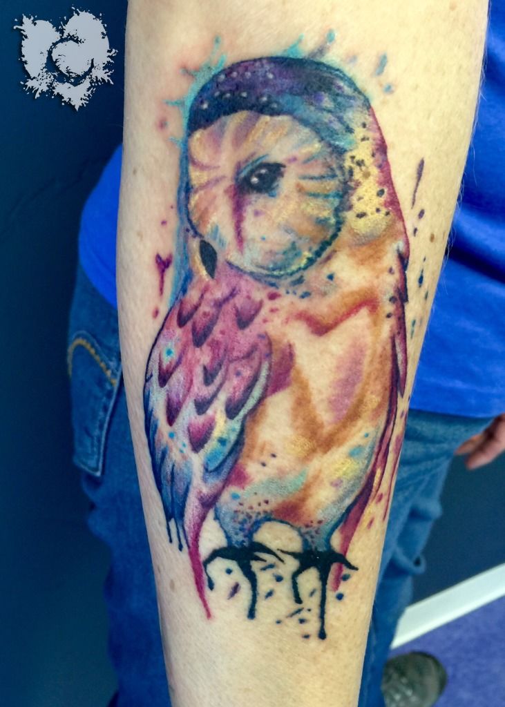 colorful owl forearm tattoos
