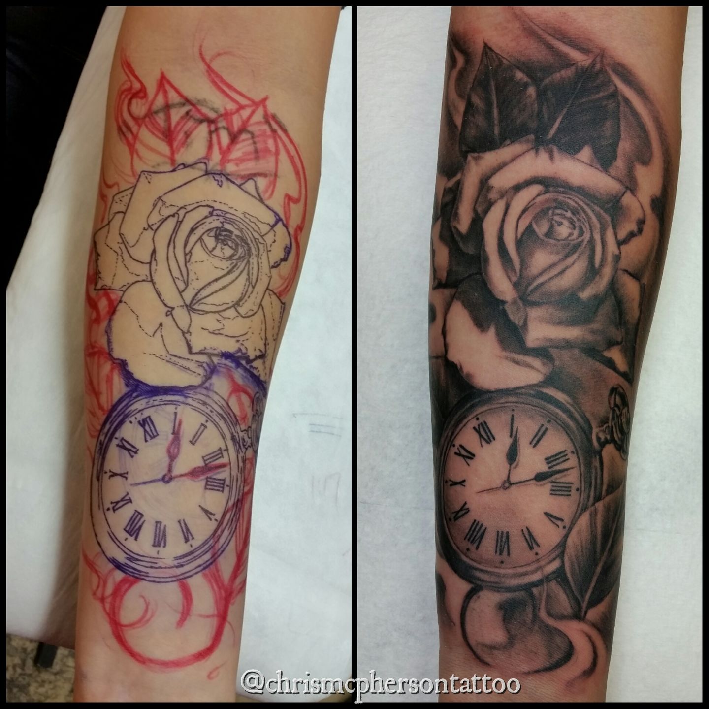 Clock and rose piece made a couple... - Dripping Ink Tattoo | Facebook