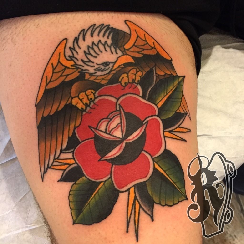 ryantattooer:hold-it-together-eagle-rose-bold-traditional-leg-blood-money -irons-color