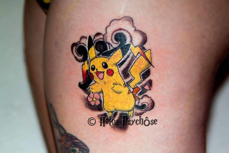 Tattoo tagged with: small, pikachu, violet, red, yellow, cartoon, little,  tiny, game, orange, kawaii, carlaevelyn, green, pokemon, leg, brown,  cartoon character, fictional character, black | inked-app.com