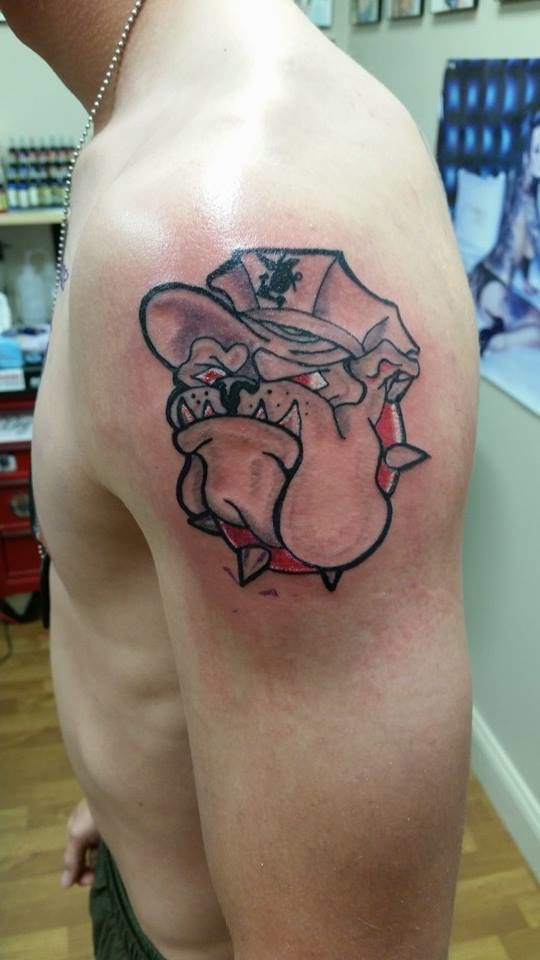 USMC Devil Dog Tattoo On Right Shoulder