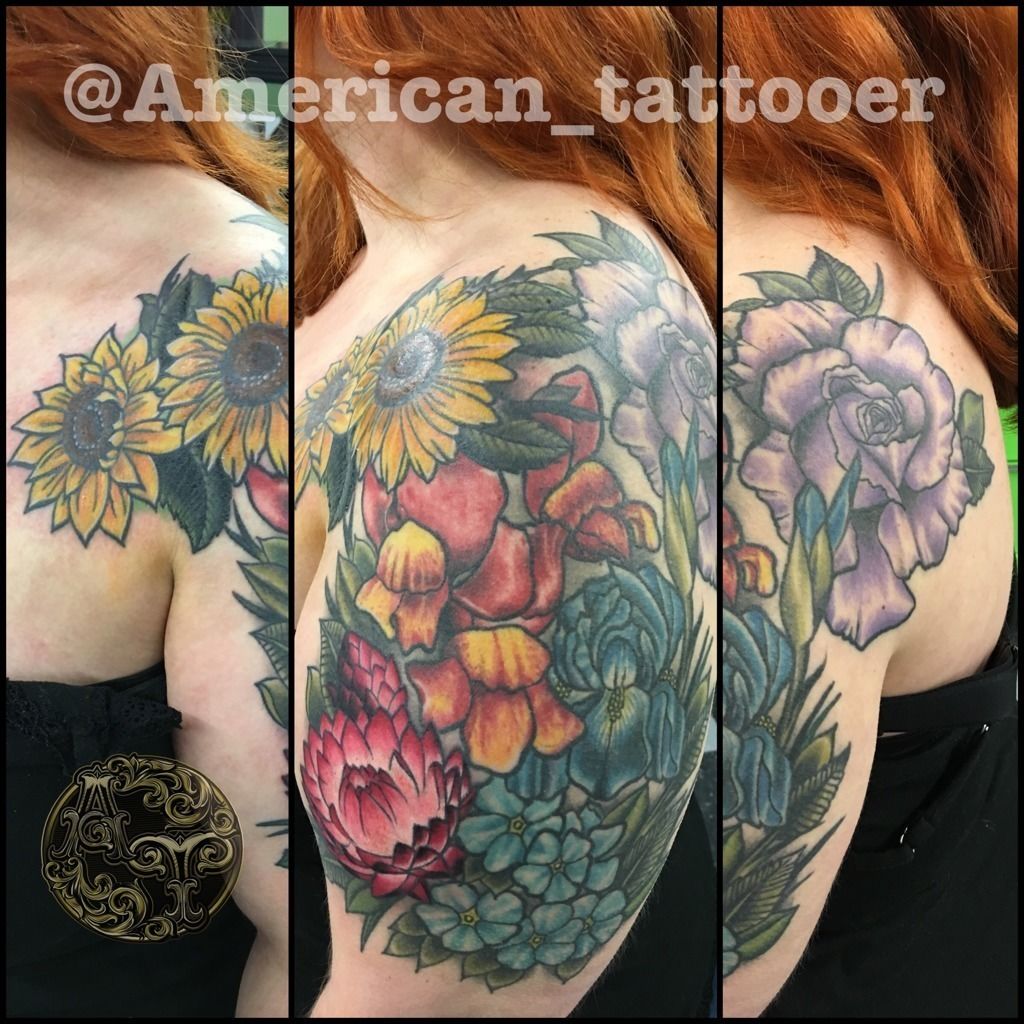 Girl Half Sleeve Flower Tattoo