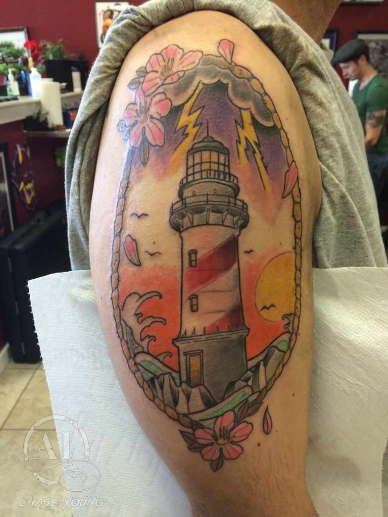 Forgot to show yall my this Lighthouse tattoo I got back in March as a  birthday gift Done by Lizz Z of Constable Tattoo Plainfield IL  r tattoos