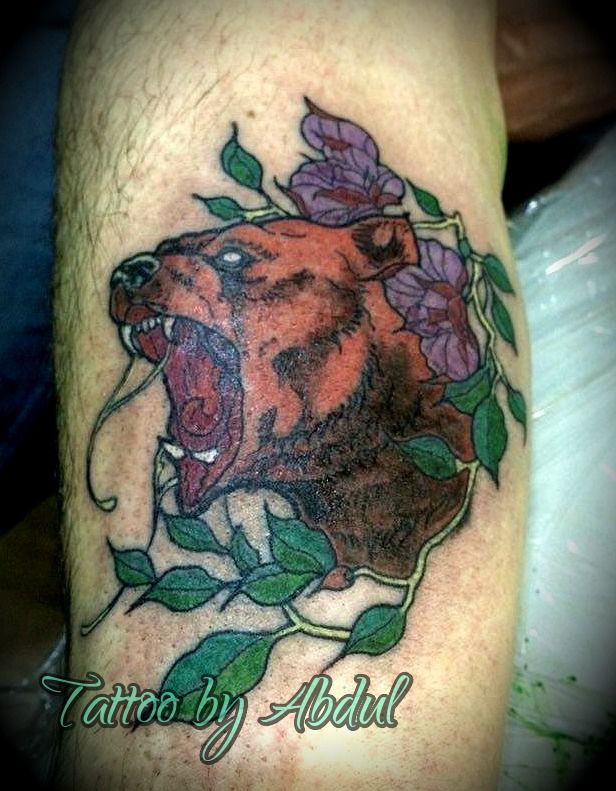 Angry Bear Head Tattoo On Shoulder