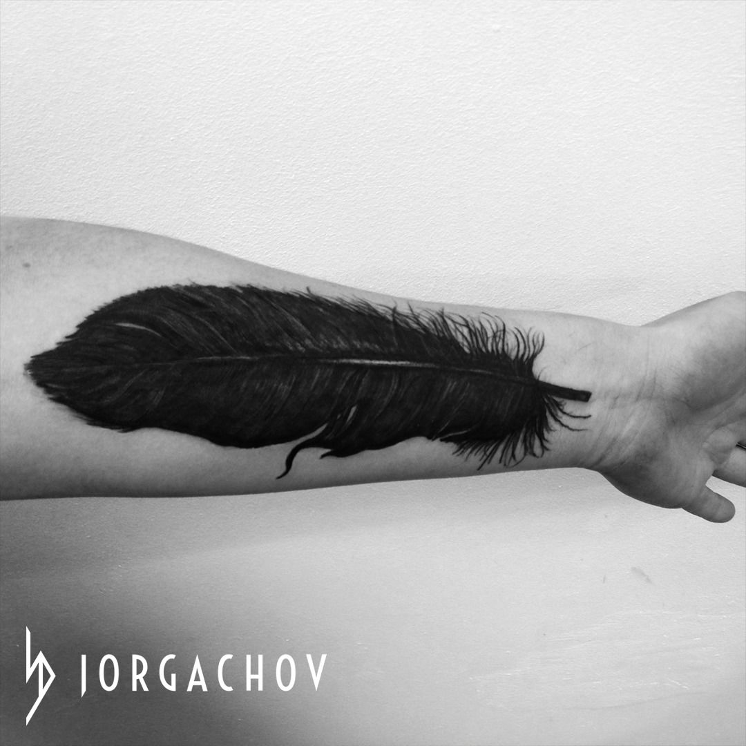 Black and white feather tattoo design for inner bicep on Craiyon
