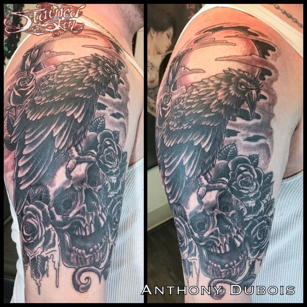 My first tattoo and the beginning of a musical themed sleeve A Pale Horse  Named Death album cover with a raven underneath Made by LyuboGr at Taurus  Ink Ålesund Norway  rtattoos