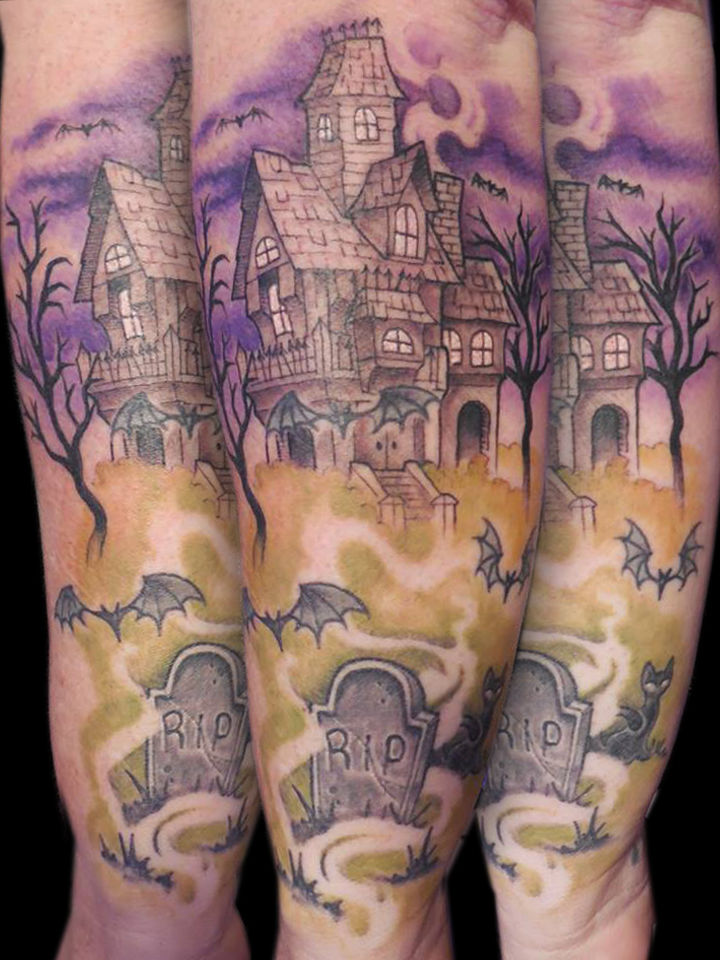 Haunted House Tattoo by Kim Saigh of Memoir Tattoo in Los Angeles  r tattoo