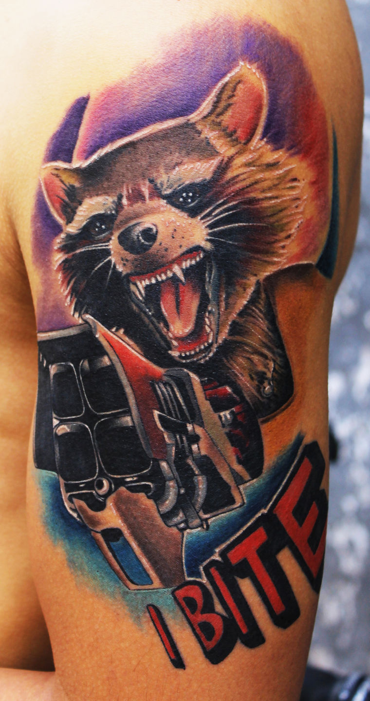 Rocket raccoon tattooed by @daisylutattoo 🦝 • • • • • #rbitattoo  #nyctattoo #tattooink #inked #tattoolove #tattooideas #guar... | Instagram