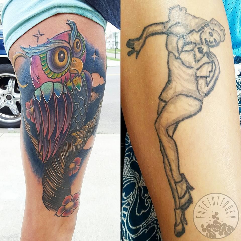 fatetattooer:huge-thigh-cover-up-i-did-color-owl-cover-up-tattoo