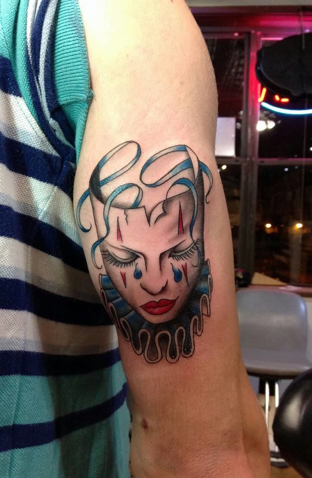 Laugh now Cry later Masks freehanded by Steve Wimmer TattooNOW