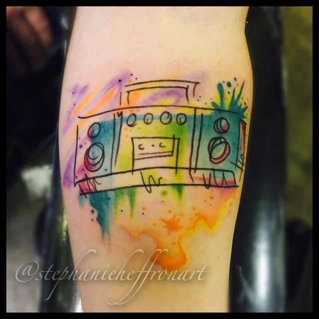 Tattoo uploaded by Tattoodo • Tattoo by Irene Samsa #irenesamsa  #musictattoos #color #newschool #music #stereo #boombox #lightningbolt #80s  • Tattoodo