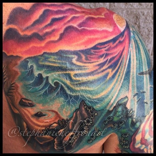 Cap1 Tattoos  Tattoos  Nature Sun  Flying Dove over Vivid Sunset Ocean  Color Sleeve