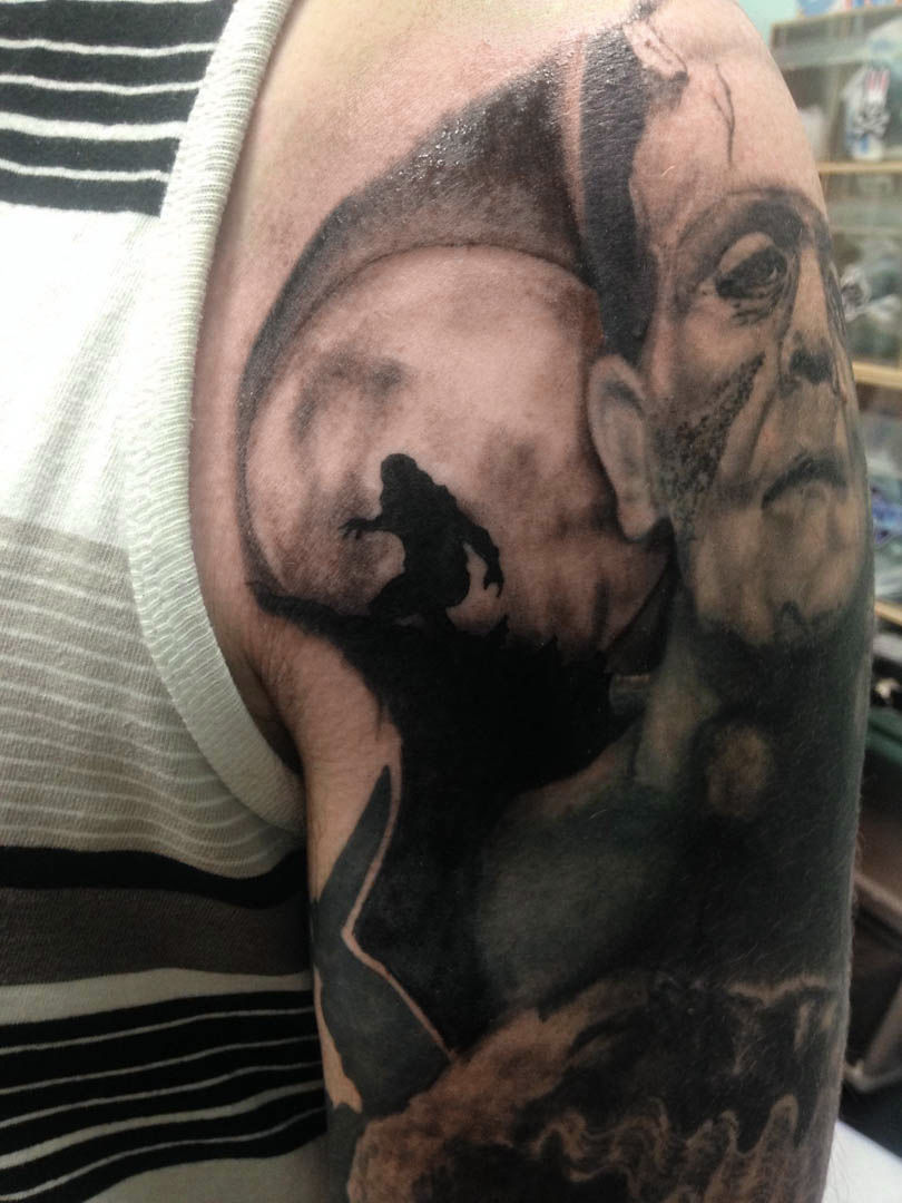 Realistic black and gray portrait from horror movie tattoo. Ryan Mullins  Art Junkies Tattoo by Ryan Mullins: TattooNOW