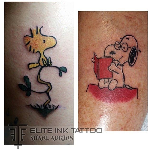 Matching Snoopy and Woodstock tattoos for couple