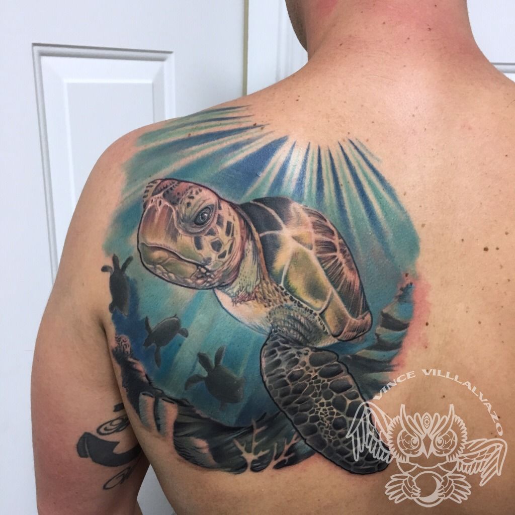 Realistic sea turtle on back start of an ocean scene By Chris Burke at  Serenity Ink Milwaukee  rtattoo