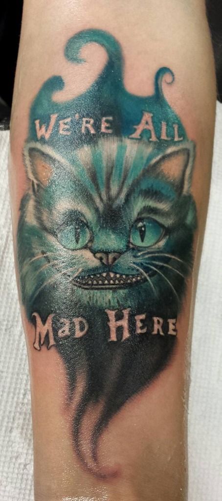 Rock N' Roll Tattoo - Cheshire Cat tattoo done by our Jr. Artist  @maedragoni . . . . . . . . . . . . #nctattoo #raleightattoo #tattertot  #tattooapprentice #tattooapprenticeship #apprenticetattoo #