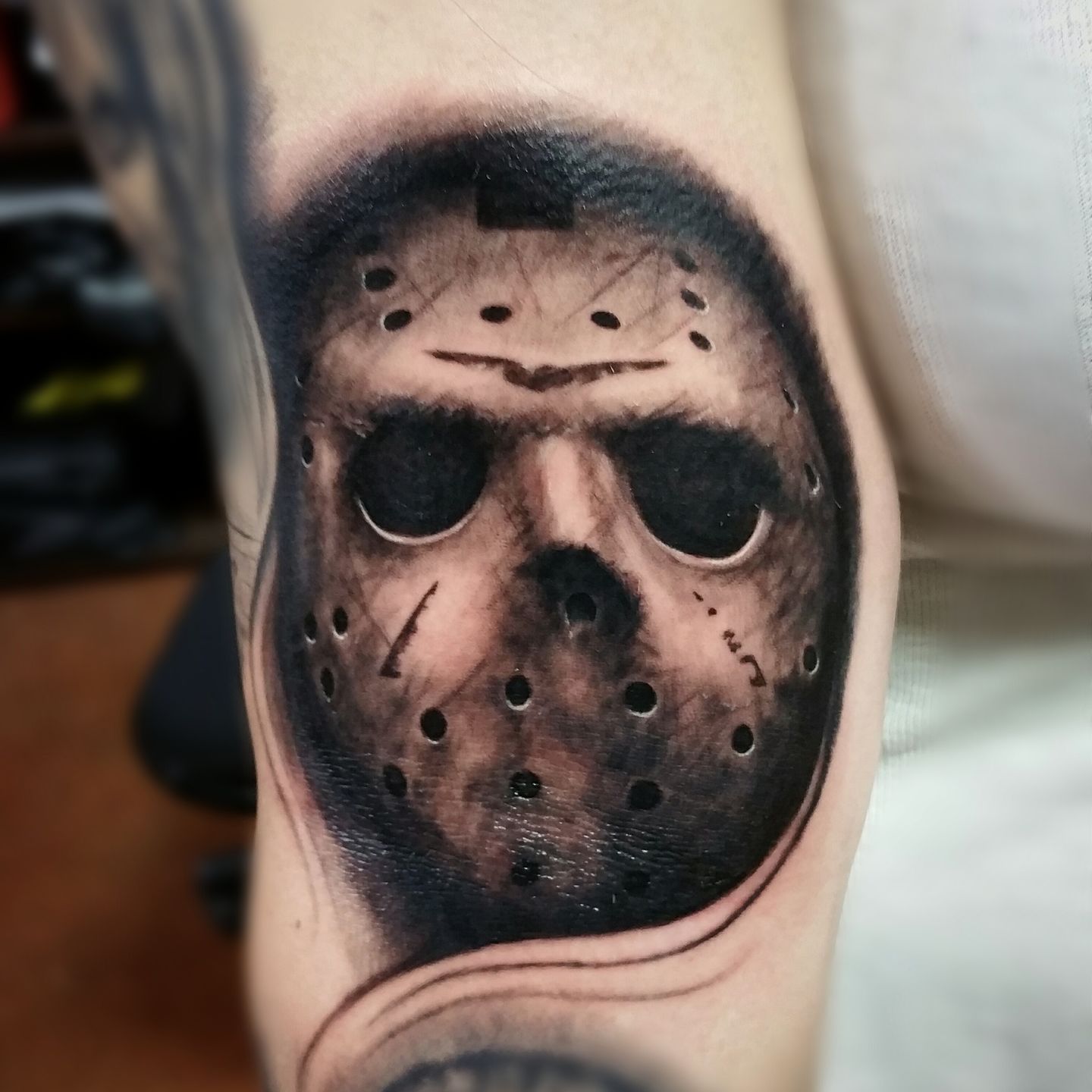 done 3 years ago !! Jason Voorhees mask #realistic #tattoo…